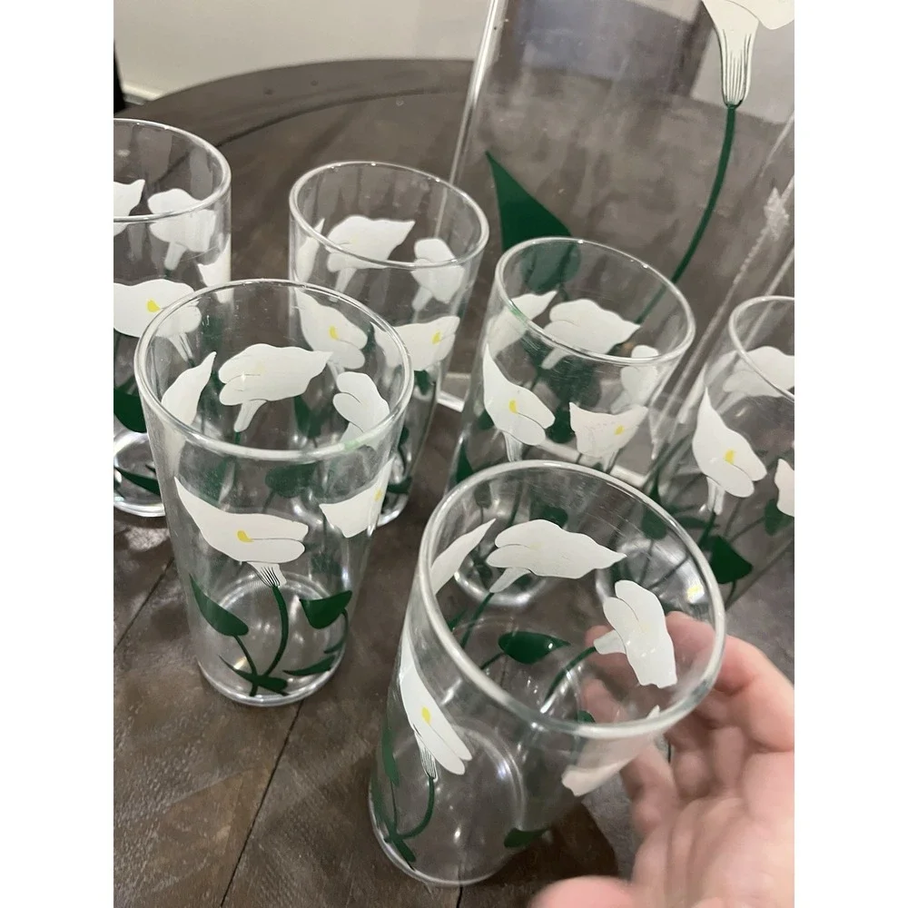 Vtg Cora‎ Acrylic Calla Lilly Pitcher 6 Cups Floral MCM